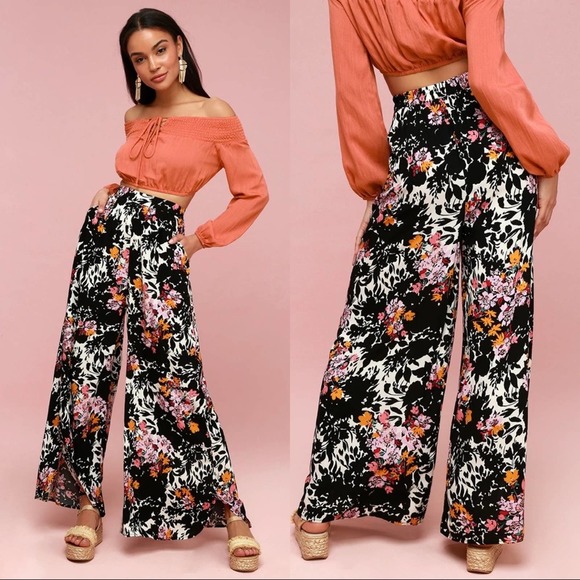 Free People Pants - Free People Intimately Late Night Black Floral Wide Leg Palazzo Pants Size XS